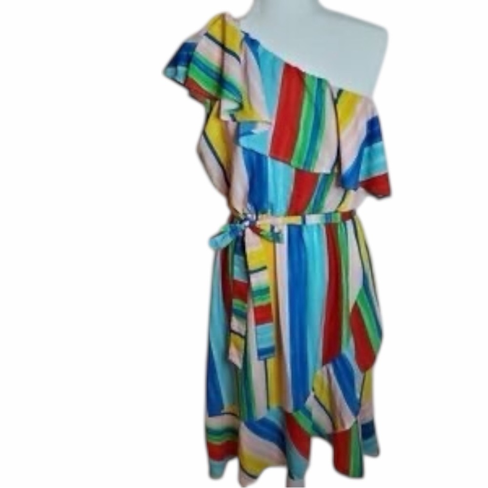 Rainbow Ruffle One Shoulder Stripe Midi Dress Cali Girl Dopamine Dressing M - Picture 9 of 14